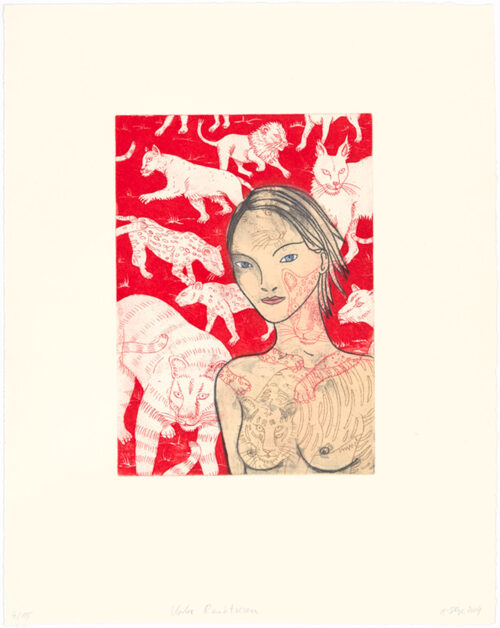 Anna Stangl, „Unter Raubtieren“, Radierung, handkoloriert, 2024